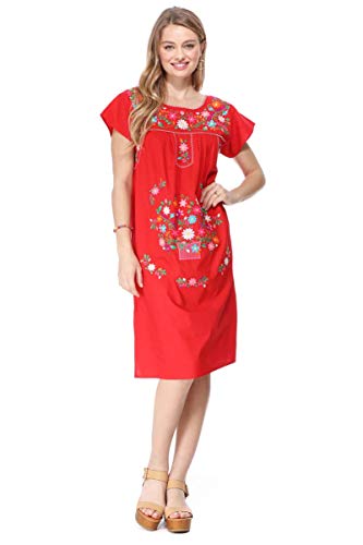unik Embroidered Traditional Mexican Midi Dress...
