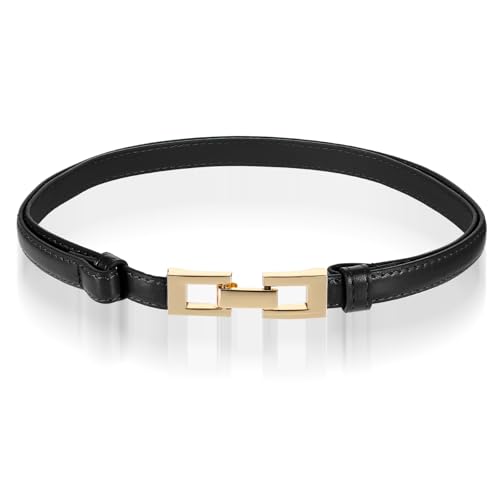 Apausvcm Gürtel Damen,Schmaler Gürtel mit Goldschnalle,Schmaler Taillengürtel für Damen,Verstellbarer Dünner Taillengürtel,Dünner Ledergürtel,für Kleider Jeans Hosen Mantel Kleiderdeko-Schwarz