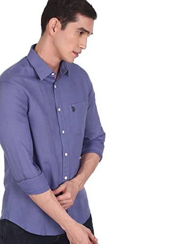 Image of U.S. Polo ASSN. Men's Solid Cotton Linen Tailored Fit Spread Collar Casual Shirt