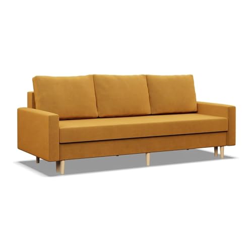 Mebligo - Sofa mit Schlaffunktion und Bettkasten Blank, 3 Sitzer Sofa 212 cm Breit, Schlafsofa, Ausziehbares Couch auf Holzfüßen,Schlafcouch - Gelb