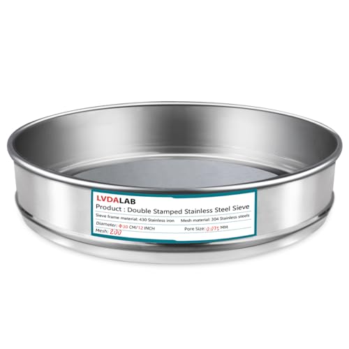 LVDALAB 304 Stainless Steel Lab Sieve Screen Mesh, 200 Mesh (0.075mm) Aperture Test Sieve, 12Inch(30cm) Diameter Economy Standard Analysis Sample Test Sieves for Industrial Laboratory Homes