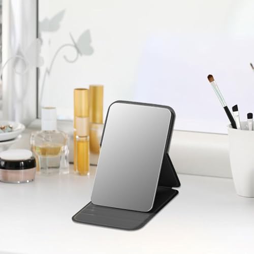 Image of Portable Folding Travel Mirror - Slim PU Leather Makeup Mirror with Adjustable Stand - Lightweight Pocket-Size Vanity Mirror for Purse, Desk, or Travel Use (7 x 10.5 cm) (Black)
