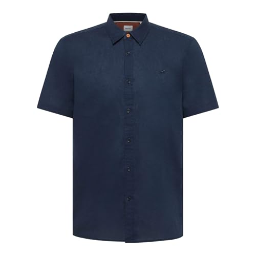 Chemise homme Mustang bleu col revers manches courtes en coton et lin mélangé
