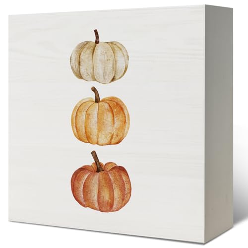 Lacama Fall Decor,Fall Decorations for Home Wooden Box Sign，Fall Orange Pumpkin Autumn Harvest Thanksgiving Wooden Signs,Farmhouse Rustic Fall Decor for Office Table Desk Shelf Decor,5x5 Inches