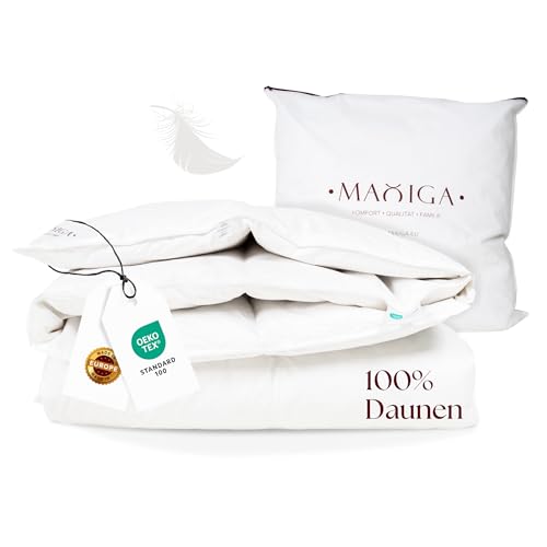 maxiga Reine Daunendecke Winter - 100% DAUNEN, 155x220 cm, extra warm 2000g Füllgewicht, atmungsaktiv & waschbar, Oeko-TEX Zertifiziert, Allergiker geeignet, hochwertige Baumwollhülle