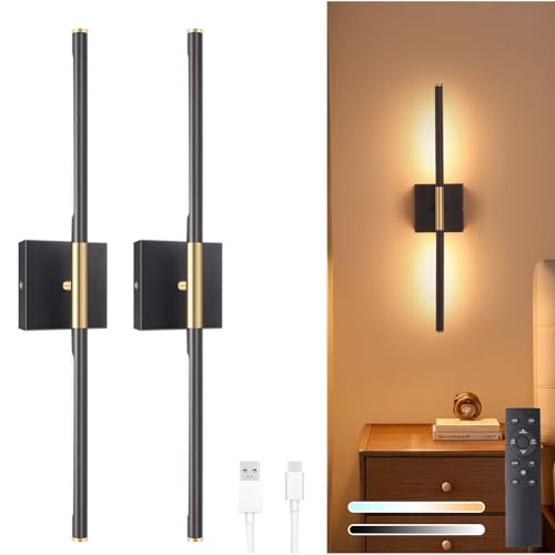 Image of Shenmoyl Battery Operated Wall Sconce Set of 2, 8000mAh Wireless Wall Sconces, 3000K-6000K Dimmable, 350Rotate, Indoor Wall Lights with Remote for Bedroom Living Room Bathroom, Black Gold, 23.6 Inch