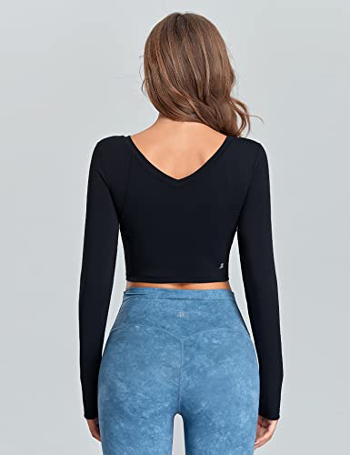 1A1A V-Neck Crop Tops For Women Long Sleeve Padded Thumb Hole Cropped Top Black Large thumb #2
