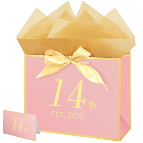 Vichona 14th Birthday Gift Bag with Tissue Paper & Greeting Card for Girls