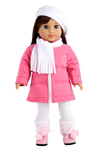 Dreamworld Collections - Parisian Adventure - 5 Piece Outfit - Pink Coat, White Beret, Scarf, Leggings And Pink Boots - Clothes Fits 18 Inch Doll (Doll Not Included) #TOP9