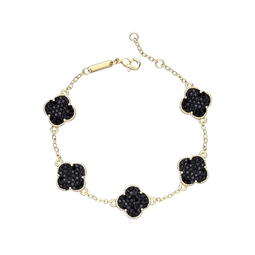 14k Gold Plated Sparkling Colorful Cubic Zirconia Clover Bracelet for Women, Dainty Four Leaf Clover Dazzling CZ Stones Bracelet, Adjustable Size, Trendy Jewelry Gifts For Her (Black)