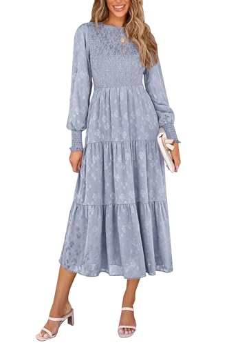 PRETTYGARDEN Women's Fall Spring Midi Dress Long Sleeve Floral Smocked Elegant Wedding Guest Long Flowy Dresses with Pockets