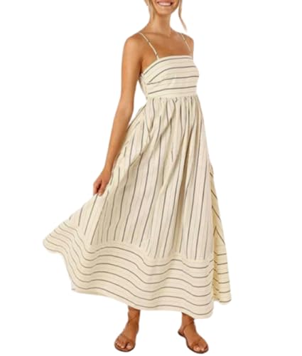 Image of Women Striped Maxi Dress Smocked Backless Spaghetti Strap Long Flowy Dress Sleeveless Boho Aline Sundress