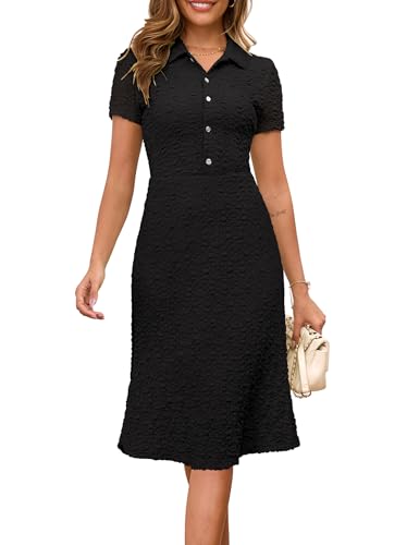 Annebouti Womens 2025 Spring Summer Short Sleeve Elegant Lace Button Down Semi-Formal Work Business Casual Midi Dress