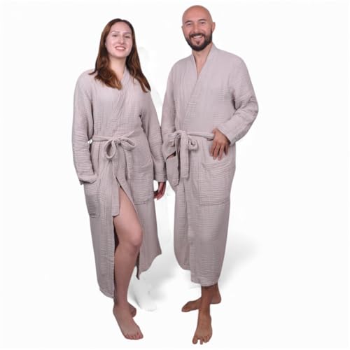 Image of Muslin Bathrobe - Cotton Gauze Robe for Women and Men - Lightweight Breathable Summer Kimono - Boho Spa /Maternity Robe