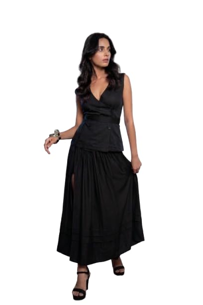 Mira Duo Black Coord Set | Cotton Satin V Neck Sleeveless Top and Bottom | Stylish Day to Evening Outfit for Women-image-49