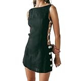 GCZREN Women Sexy Boat Neck Waist Cut Out Short Tank Dress Y2K Sleeveless Open Back A-Line Mini Dresses with Beads(S,Black)