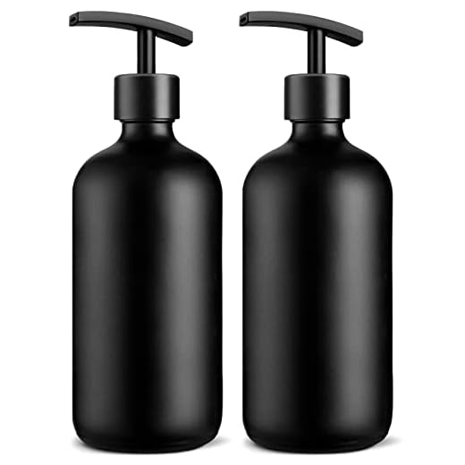 GMISUN Black Soap Dispenser, 16 Oz Hand and Dish Soap Dispenser Set with Zinc Alloy Pump, 2 Pack Refillable Liquid Pump Bottle for Bathroom & Kitchen, Modern Matte Black Glass Soap Bottle