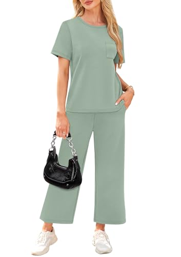 Image of WIHOLL 2 Piece Sets for Women Casual Summer Travel Vacation Outfits Short Sleeve Wide Leg Crop Pants Lounge Sets