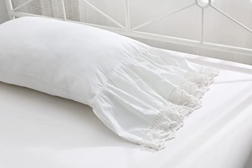 Ivory White Pillowcases With Eyelet Crocheted Lace Ruffles Pillow Shams Cotton King Size 20"X36" 2-Pack #TOP4