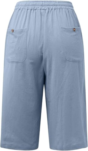 Womens Linen Bermuda Shorts Summer Side Lace Elastic Waist Drawstring Solid Color Wide Leg Pants with Pocket4