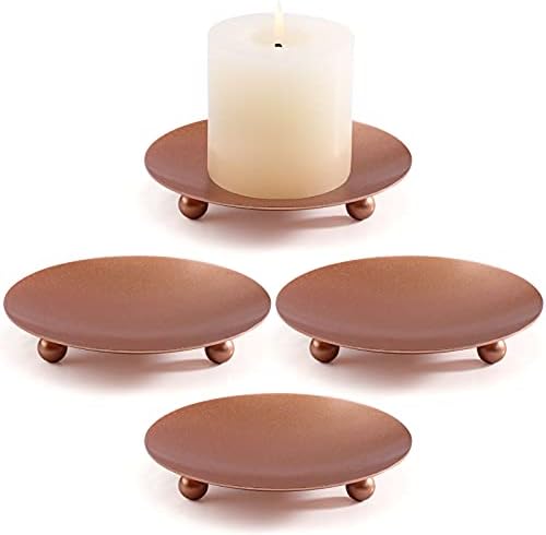 DEVI Rose Gold Pillar Candle Holder Plates 4pcs, Iron Candle Stand for Pillar Candles, Rose Gold Wedding Christmas Centerpices for Tables, Rose Gold Party Decorations