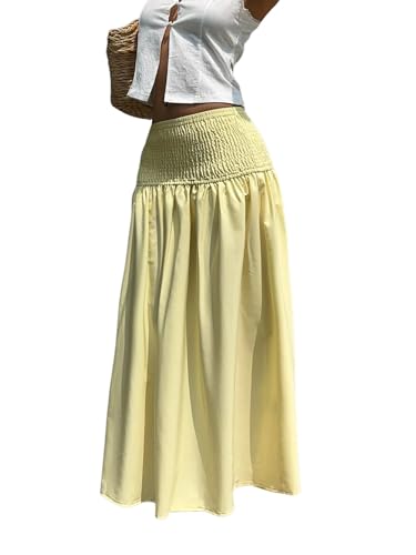 GORGLITTER Women's Flowy Ruffle Shirred Maxi Long Skirt Elastic High Waist A Line Skirts