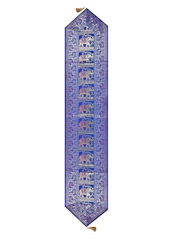 Image of Banarasi Brocade Zari Silk Table Runner Dinning & Centre Table Runner 177 By 30 CM (Blue, Elephant)