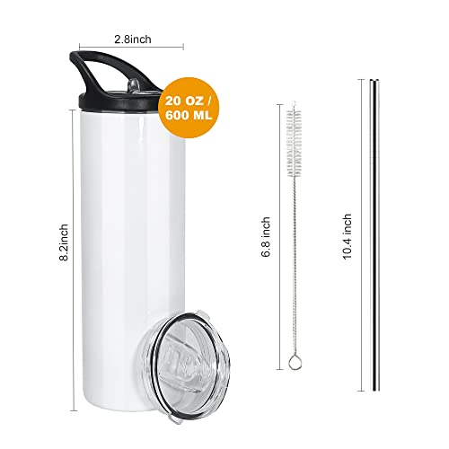 Agh Sublimation Tumblers Blanks 20 Oz Skinny, Stainless Steel Sublimation Sports Water Bottle With Flip Straw Lid Double Wall Vacuum Insulated Tumblers With 2 Lids, 4 Pack #TOP6