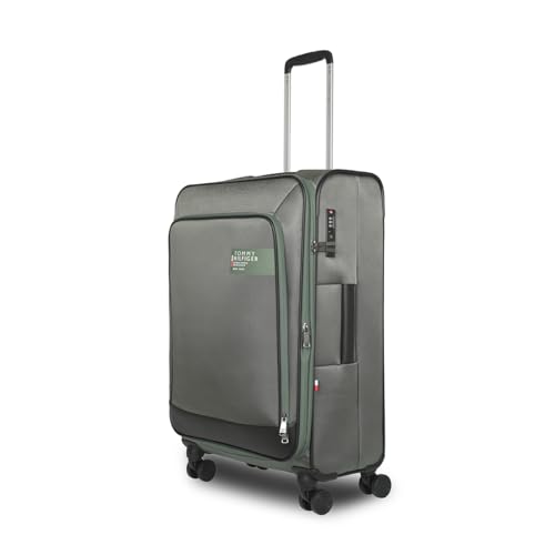 Image of Tommy Hilfiger Westfield Unisex Mid Soft Luggage - Olive+Black | 14-inch Laptop Compatible | Twill Polyester Shell | Flushed TSA Lock | 360 Self-Lubricating Double Wheels | 64L Capacity | 70cm