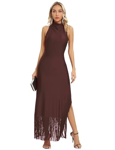 Image of Aigeman Women Vintage Flapper Dresses 1920s Great Gatsby Halter Fringed Maxi Dress Tassels High Split Formal Dress 19