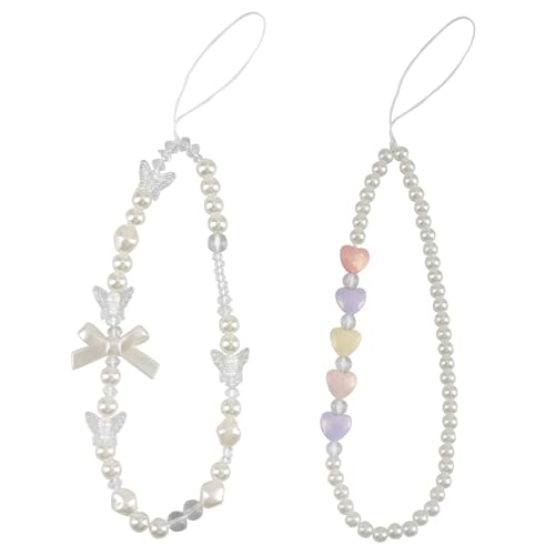 OMCGG 2PCS Beaded Phone Straps, Heart Pearl Bow Beads Durable Nylon Cord Anti-Loss Wrist Lanyard for Phones Keys Cameras Multi-Use Accessory Easy Attachment Gift for Women Birthdays