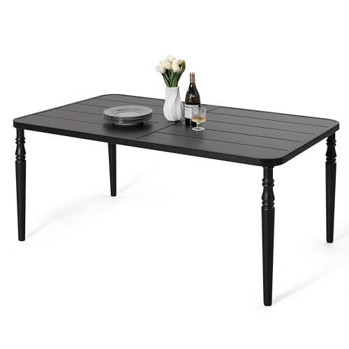 NUU GARDEN Weather-Resistant Outdoor 61” x 37” Rectangle Metal Dining Table with Umbrella Hole, Powder-Coated Frame, Slatted Tabletop, for Patio, Garden, Backyard and Balcony, Black
