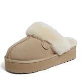 Picture of Dearfoams Womens Melton Platform Genuine Shearling Scuff, SAND, 10