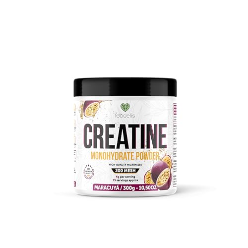 Foodelis Creatina Monohidratada en Polvo 300 g – Sabor Maracuyá – 100% Creatina Micronizada – Alta Pureza – Sin Aditivos – Vegana – Alta Solubilidad – Incluye Dosificador