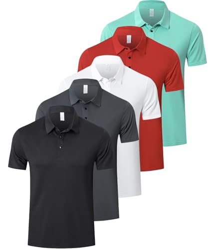 ZENGVEE 5 Pack Men's Polo Shirts Short Sleeve Quick Dry Golf Polo Shirt for Men Adult UK Breathable Outdoor Sport Casual Work Golf Tennis Tops Classic Polo Collared T-Shirts（P8050-BGW Red MintGreen-M）