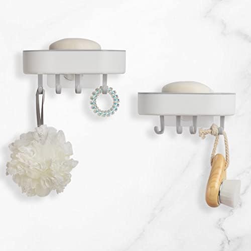 Soap Dish for Shower Wall 2 Pack, Plastic Bar Soap Holder with 4 Hooks, No Drilling, Soap Dishes with Drain Wall Mounted Soap Box for Shower Bathroom Kitchen, Grey, janebeauties