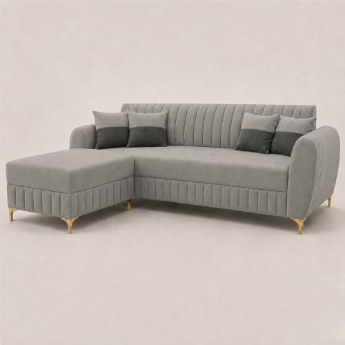Image of CASASTYLE Signature Velour 4-Seater L-Shape Sofa Set with Movable Ottoman | Flexible LHS /RHS Layout | Boston Matte Fabric | 40D Foam + Zigzag Spring | 3-Yr Warranty (Light Grey)