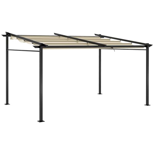 Outsunny Pergola Jardin extérieur pergola 4x3 adossée avec Toile coulissante rétractable Structure Acier Toile Polyester Haute densité 180 g/m² Incluse Beige