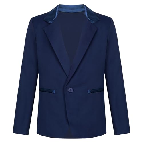 dPois Jungen Blazer Festlich Anzugjacke Sakko Smoking Jacke mit Satin Kragen EIN-Knopf Kinder Hochzeit Party Taufe Kleidung Navy blau 134-140