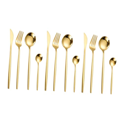 BRIGHTFUFU 12-piece Fork Spoon Set Silverware Gold Stainless Steel Western Food Kitchen Utensil Tableware