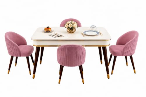 Image of WOODEN SPACE 4 Seater Wooden Dining Table Set | Urban Marble Top Dining Table with Chairs for Dining Room & Kitchen (Majestic Classic Backline Pink) (42 x 42 x 30 inch)