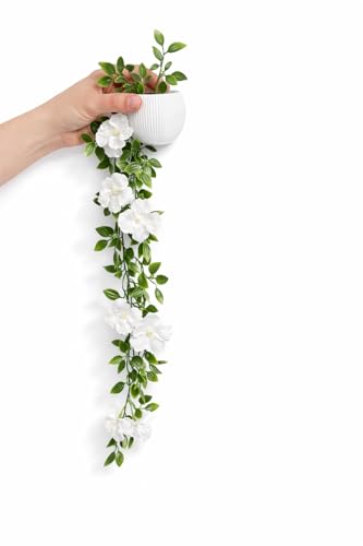 Image of Blessence Set of 2 Artificial Flower Creeper Hanging with Pot 99 cm, Ivy Vine Garland with Small Size Pot for Home Office Wall Shelf Table Living Room Decor (Green and White)