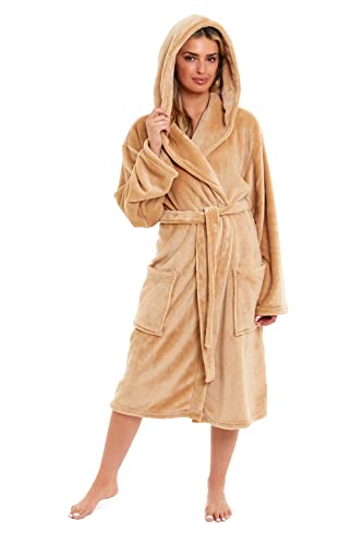 Daisy Dreamer Womens Hooded Dressing Gown Robes Flannel Fleece Long Super Soft Plush Robe Bathrobe Gowns for Ladies (Gold, M)