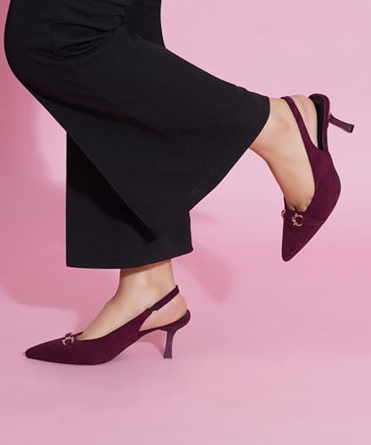 Image of JM LOOKS Women's Sophisticated Pointed Toe Slingback Kitten Heels with Metallic Buckle Accent for Professional and Evening Elegance