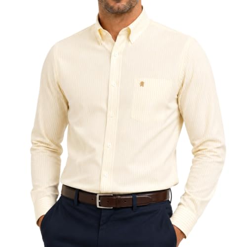 Image of Men's Formal Oxford Shirt, Button Down, Long Sleeve [Stripe Lemon, S]