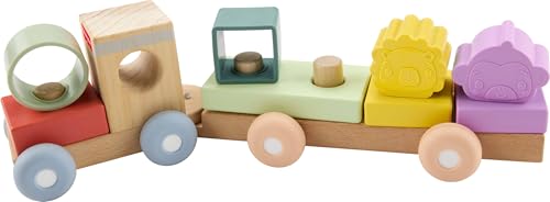 Fisher-Price Wood Baby Toy Stacking Train, 9-Piece Activity with Silicone & Wooden Blocks for Infants & Toddlers Ages 9+ Months