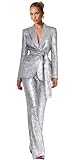 Sequin Pants Suits for Women Dressy Sparkly Silver Womens Suit with Belt Peak Lapel Formal Womens Suits for Wedding Guest Size XL-Large