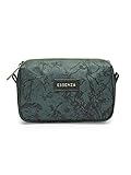 Questa elegante borsa per il trucco è di colore verde scuro con un dettagliato motivo floreale nero.