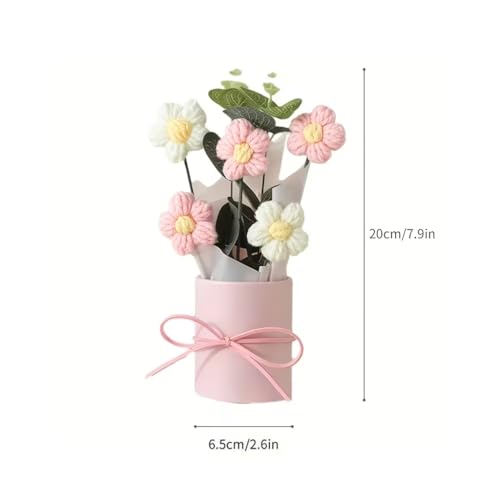 Image of TIED RIBBONS Artificial Crochet Flowers Bouquet (Pink, 7.9 Inch x 2.6 Inch) - Handmade Knitted Floral Arrangement with Decorative Leaves | Tabletop Home Decor, Desk, Valentine Day Gift for Girlfriend