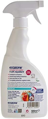 EcoZone Moth Repellent, Humane Natural Formula, Long Lasting Protection Treatment, Suitable For All Fabrics, Gentle on Skin & Clothes, Natural Vegan Eco Friendly Plant-Based Liquid (500ml Spray)